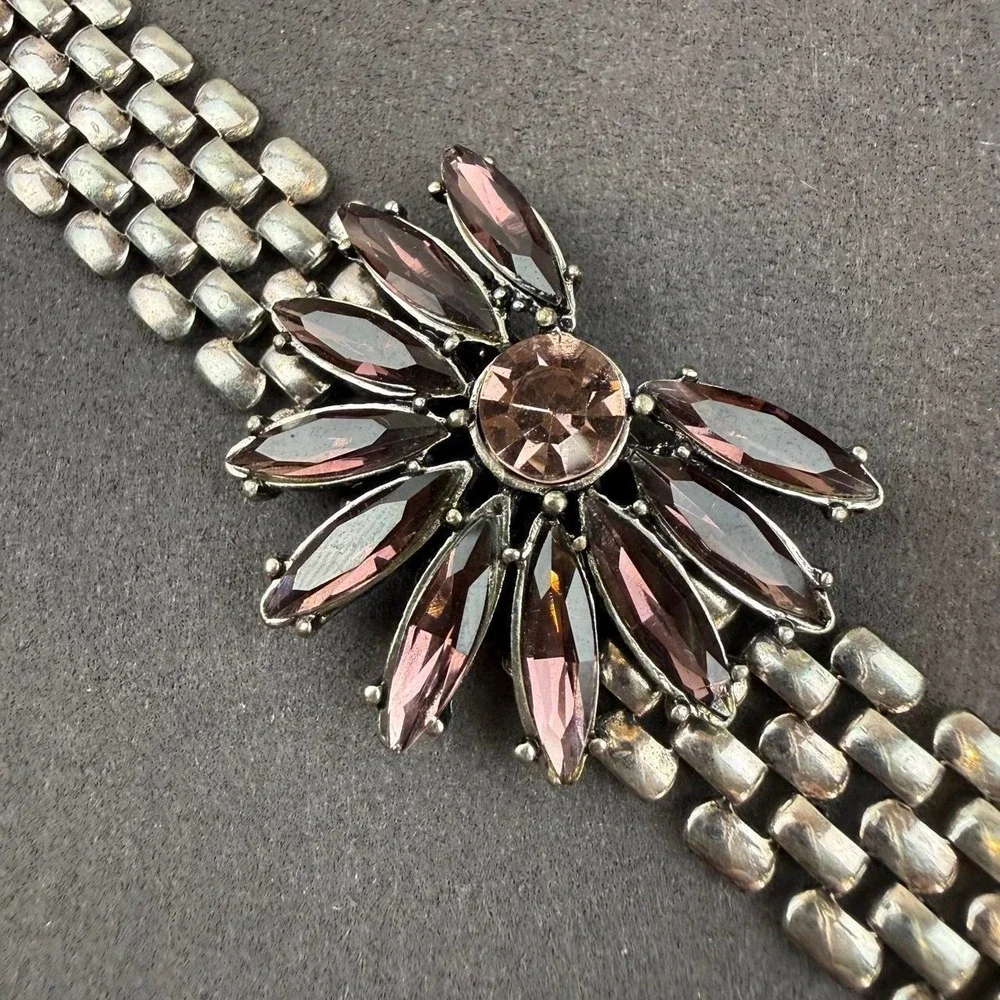 WA Rhinestone Flower Bracelet Smoky Purple Marquise Stone Silver Tone Link Band